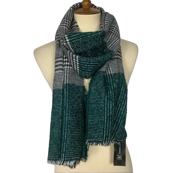 Green and Black Plaid Colorblock Scarf Neckwarmer INC International Concepts NWT - Picture 2 of 6